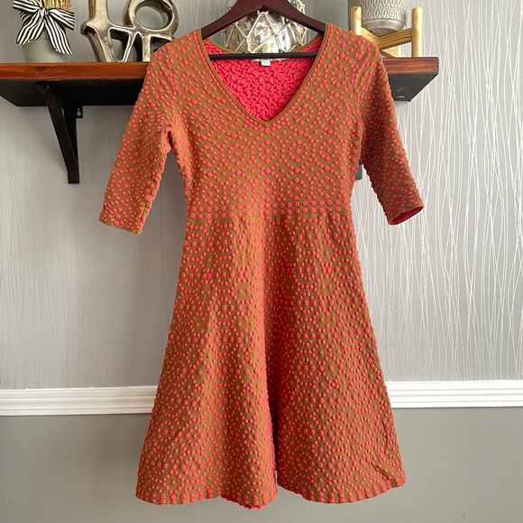 Boden Annabel V Neck Textured Dress Women’s size 6 Petite Brown Pink Polka Dot - Picture 2 of 9